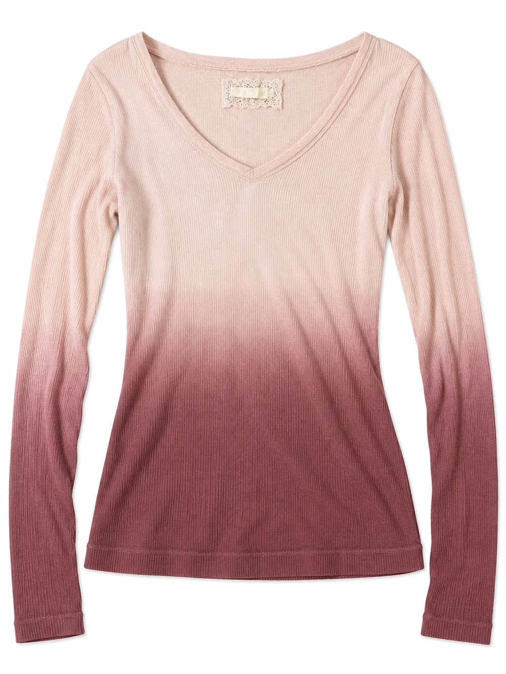 Pretty Good Ombre Ribbed V-Neck Long-Sleeve Top - Blush to Rose